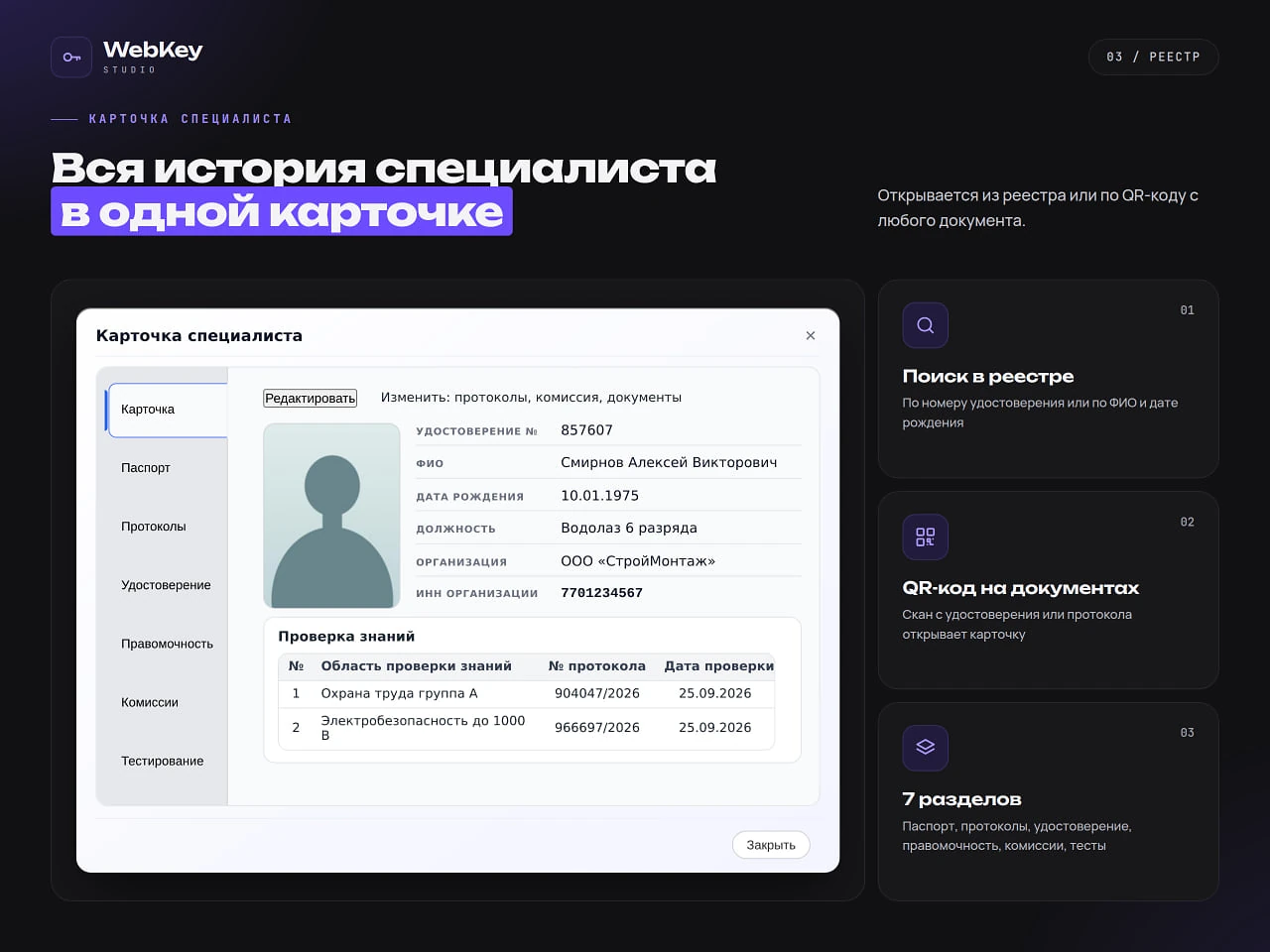 Карточка специалиста: семь разделов от паспорта до тестов, открывается из реестра или по QR-коду