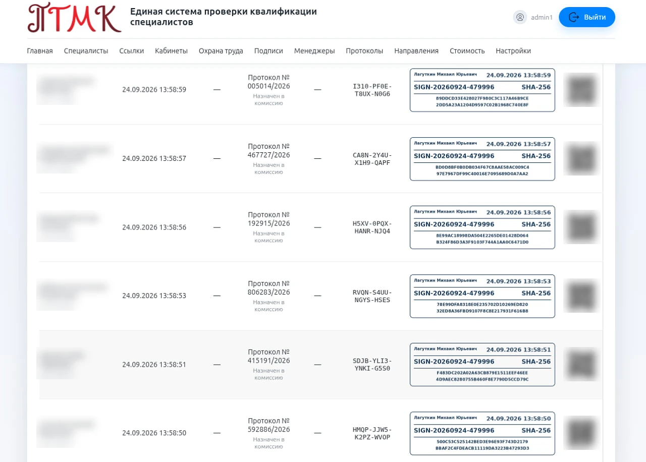 Журнал подписей: протокол, идентификатор и штамп ПЭП по каждому подписанию. ФИО и QR-коды скрыты