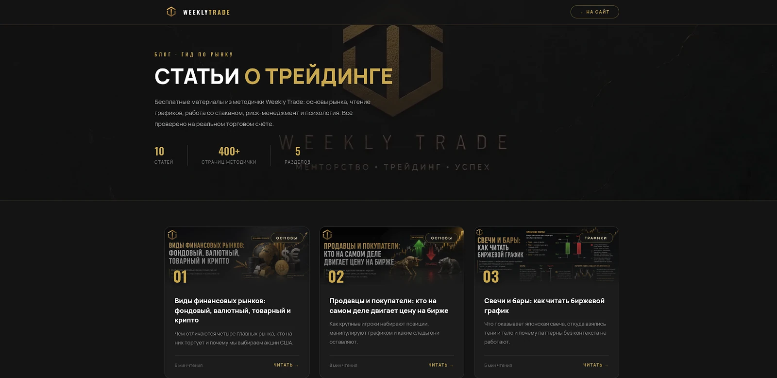 Раздел «Статьи о трейдинге» с нумерацией материалов и временем чтения
